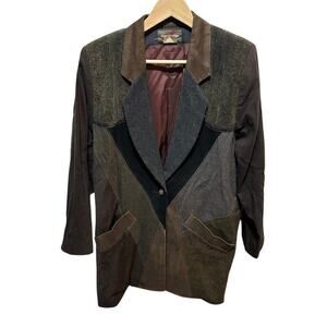 Vintage 80s Mary Flanagan Brown Gray Patchwork Sports Coat Single Button Blazer